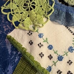 Vintage Fabric Scrap Bundle Blue Green Junk Journal Slow‎ Stitch Lace Embroidery